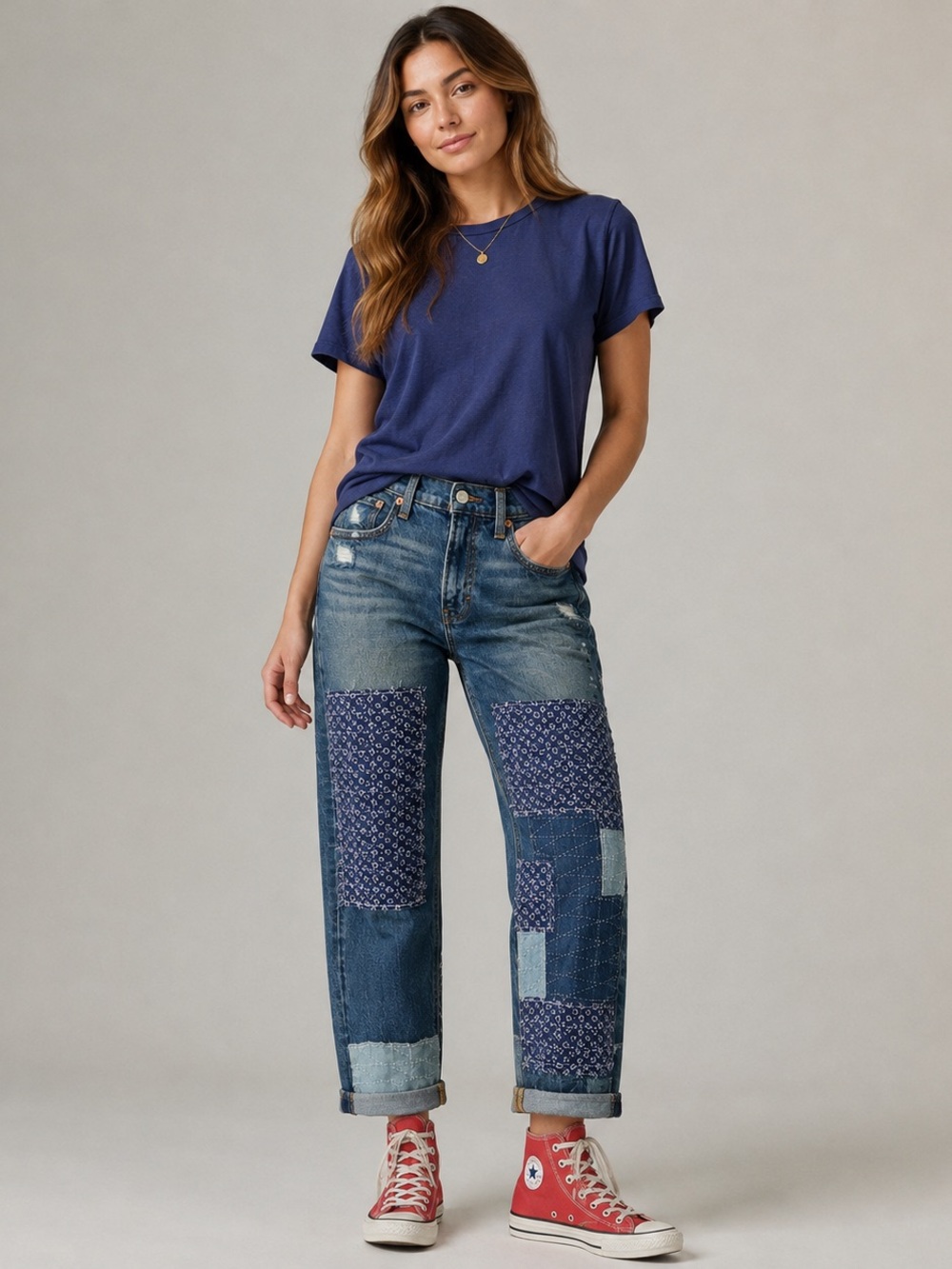NWT Lucky Brand Lucky Legend Mid Rise Boy Patchwork Jeans, Size 0/25